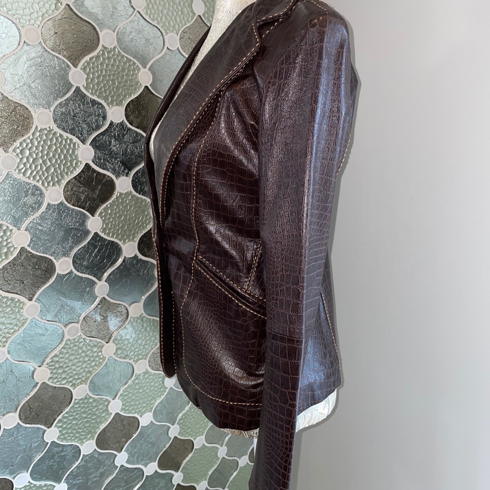 Cache Crocodile Embossed Brown Leather Blazer 2 - image 2